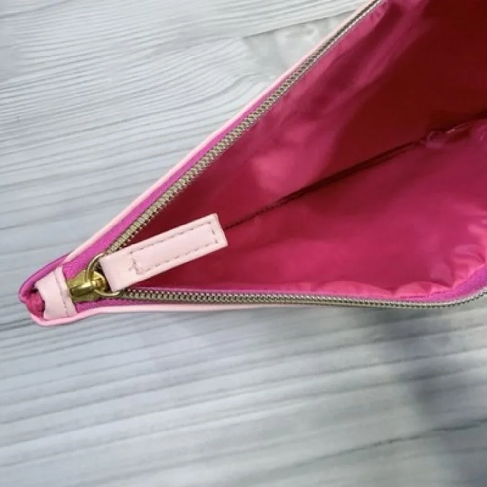 Too Faced Pink Cosmetic Makeup Bag Zip Pouch Bow Design Affirmations